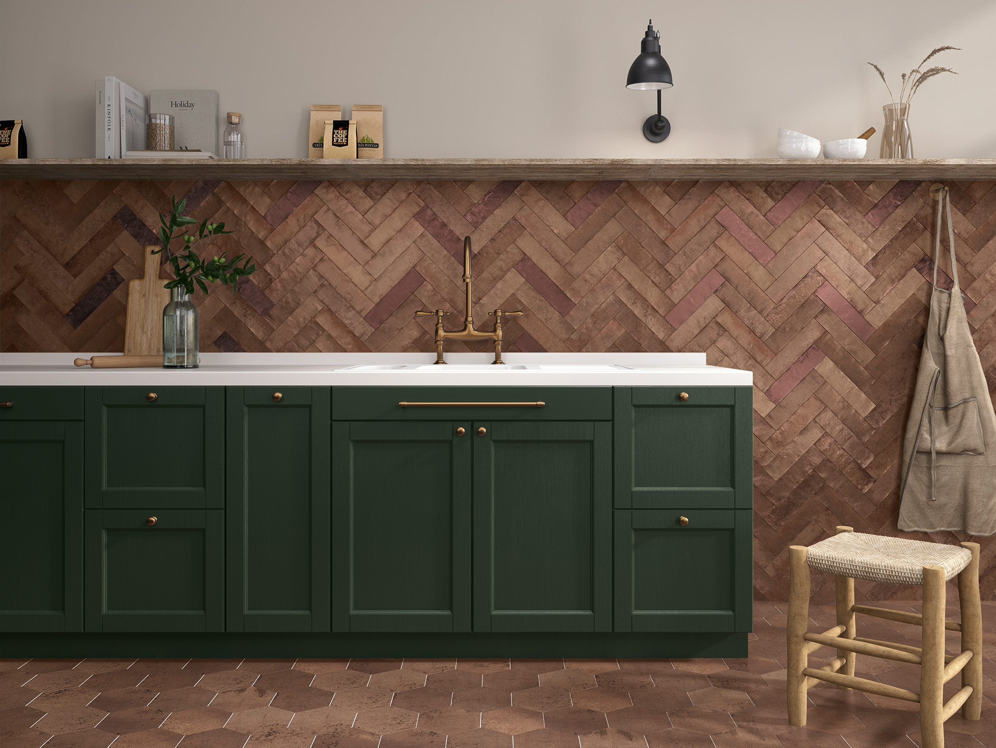 Brown kitchen tiles with green shaker units