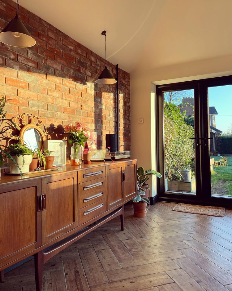 Wood tiles laid herringbone