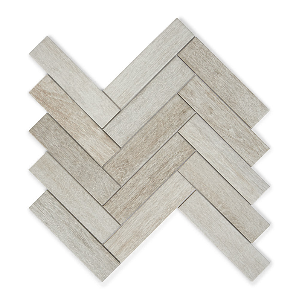 Herringbone White - Pale Oak Wood Effect Floor Tiles - 7 x 28 cm for Bathrooms, Kitchens & Hallways, Porcelain, Parquet Style