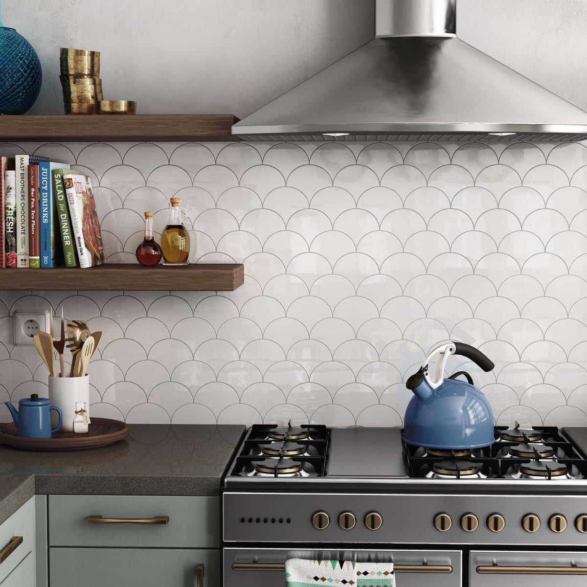 Drops White  - Fish Scale Scallop Wall Tiles for Bathroom & Kitchen Splashbacks - 10 x 12 cm - Gloss Ceramic