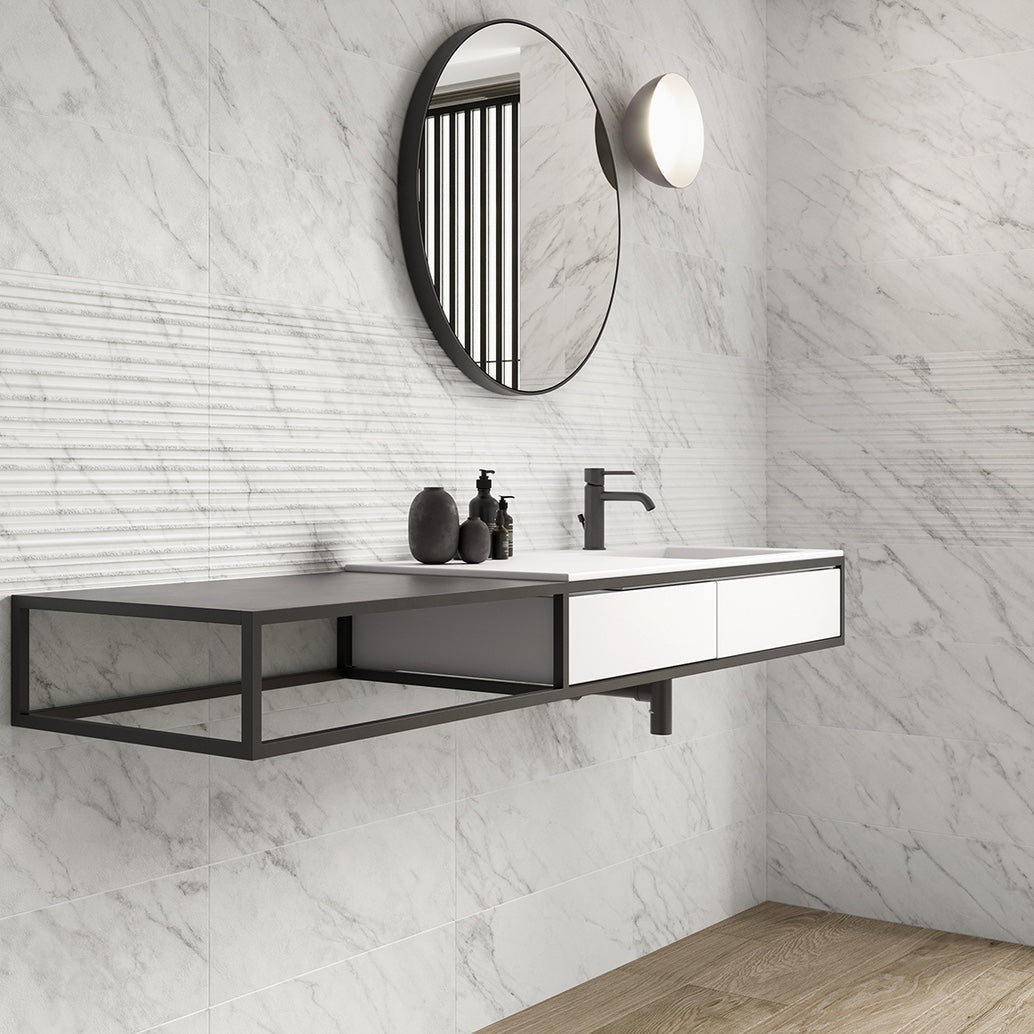 Eternal Stone - Vintage White Marble Bathroom Wall Tiles - 25 x 75 cm, Ceramic