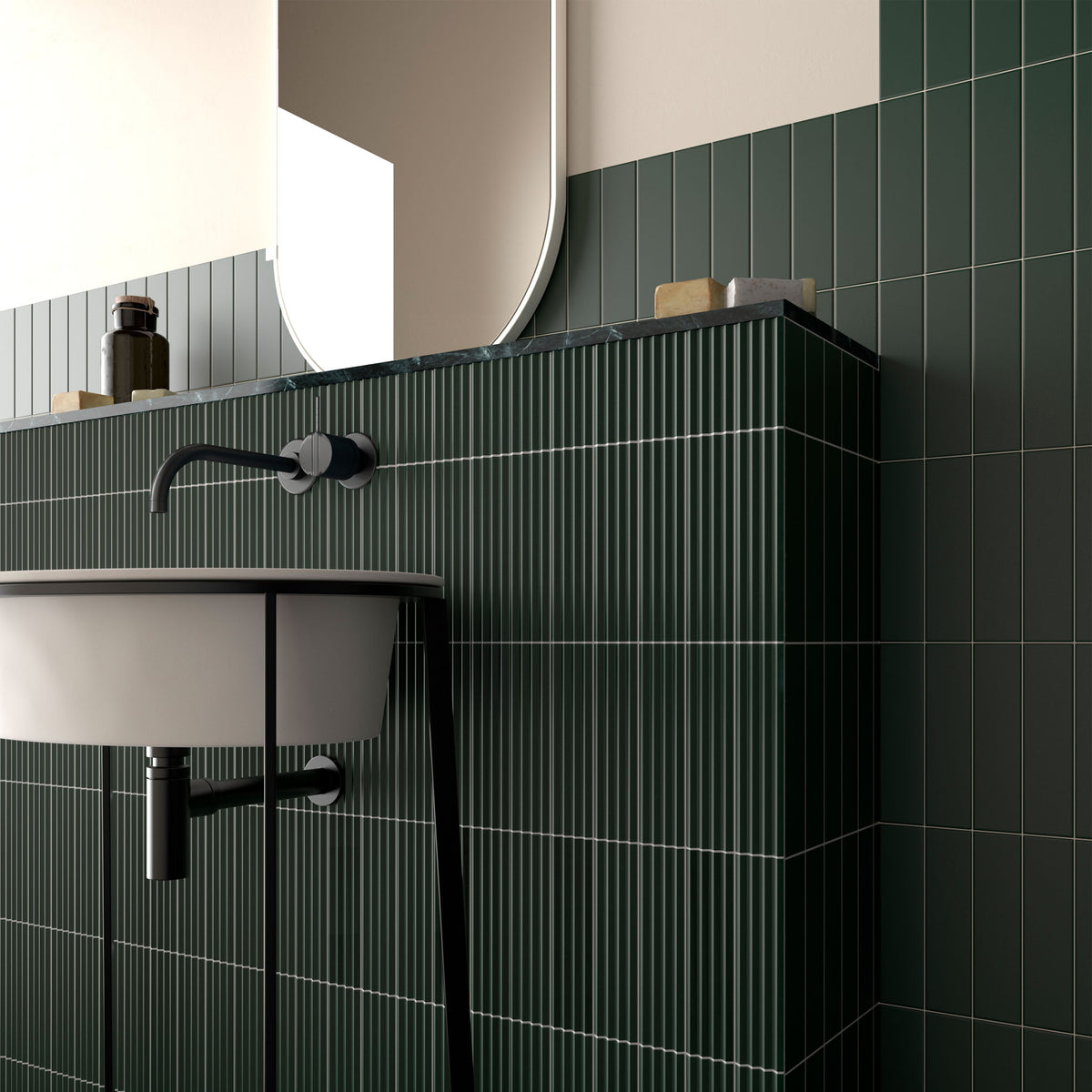 Fluted Emerald Decor - Green Modern Feature Wall Tiles for Bathrooms & Kitchens - 5 x 20 cm - Matt Porcelain