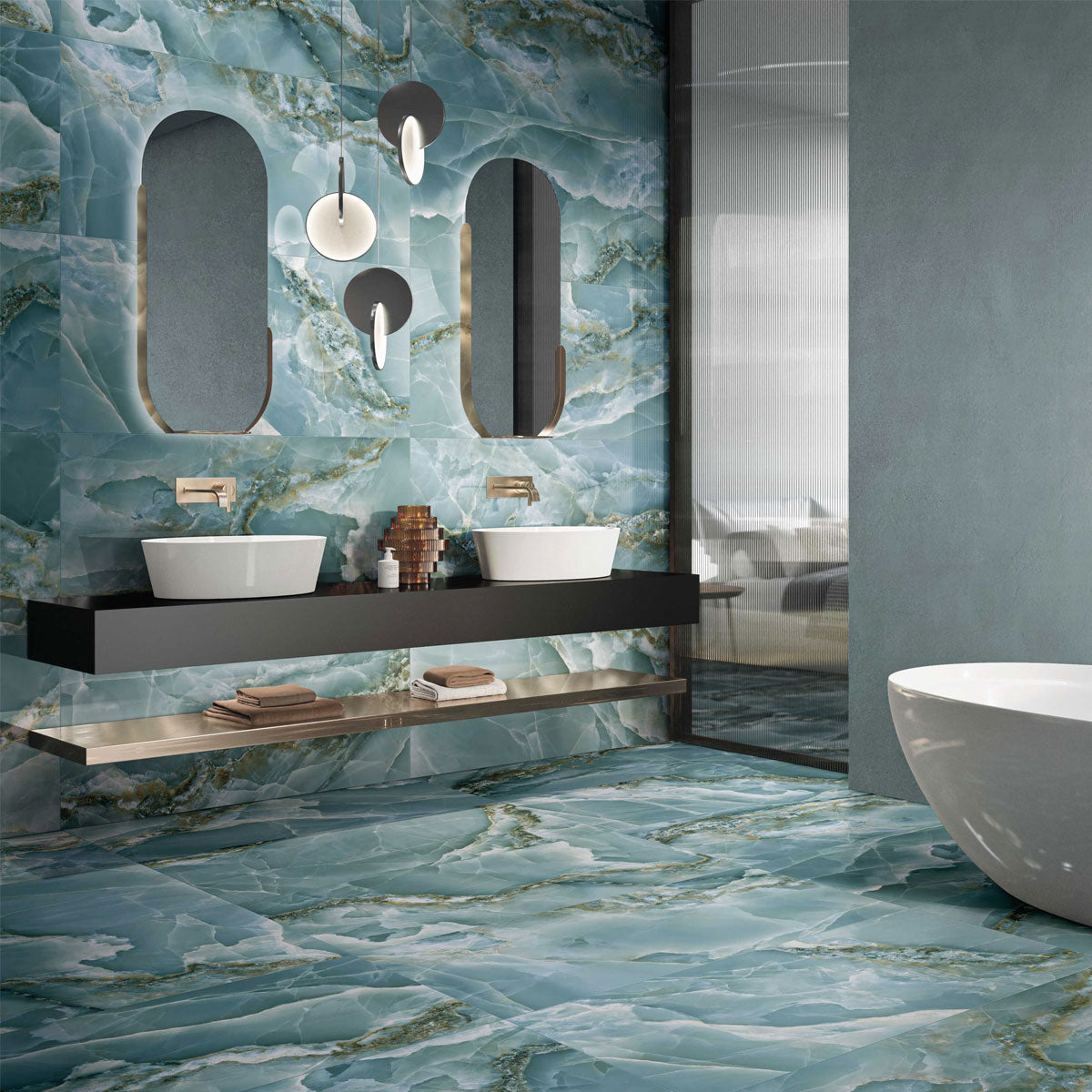 Jewel Onyx Aqua - XL Polished Green Onyx Marble Bathroom Wall & Floor Tiles - 60 x 120 cm, Porcelain