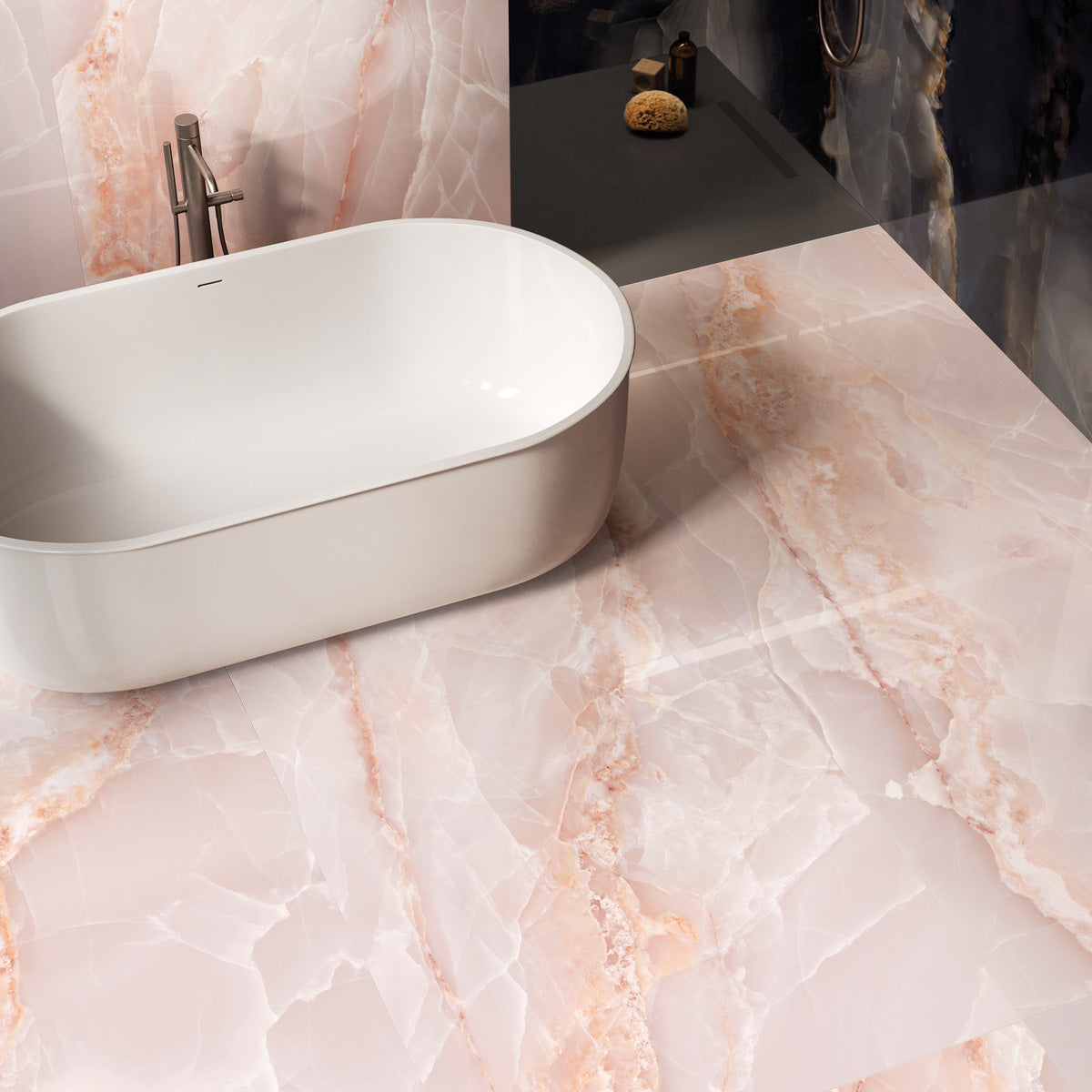 Jewel Onyx Pink - XL Polished Pink Onyx Marble Bathroom Wall & Floor Tiles - 60 x 120 cm, Porcelain