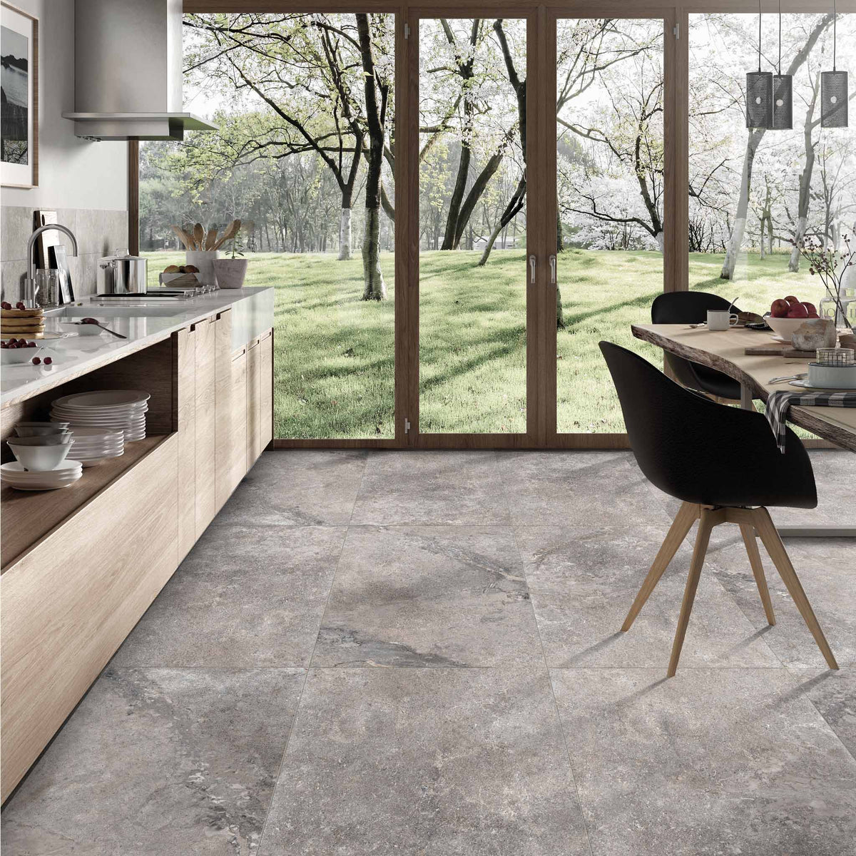 Materia Ash 60 x 120 cm - XL Grey Stone Effect Floor Tiles for Kitchens & Living Rooms - Matt Porcelain