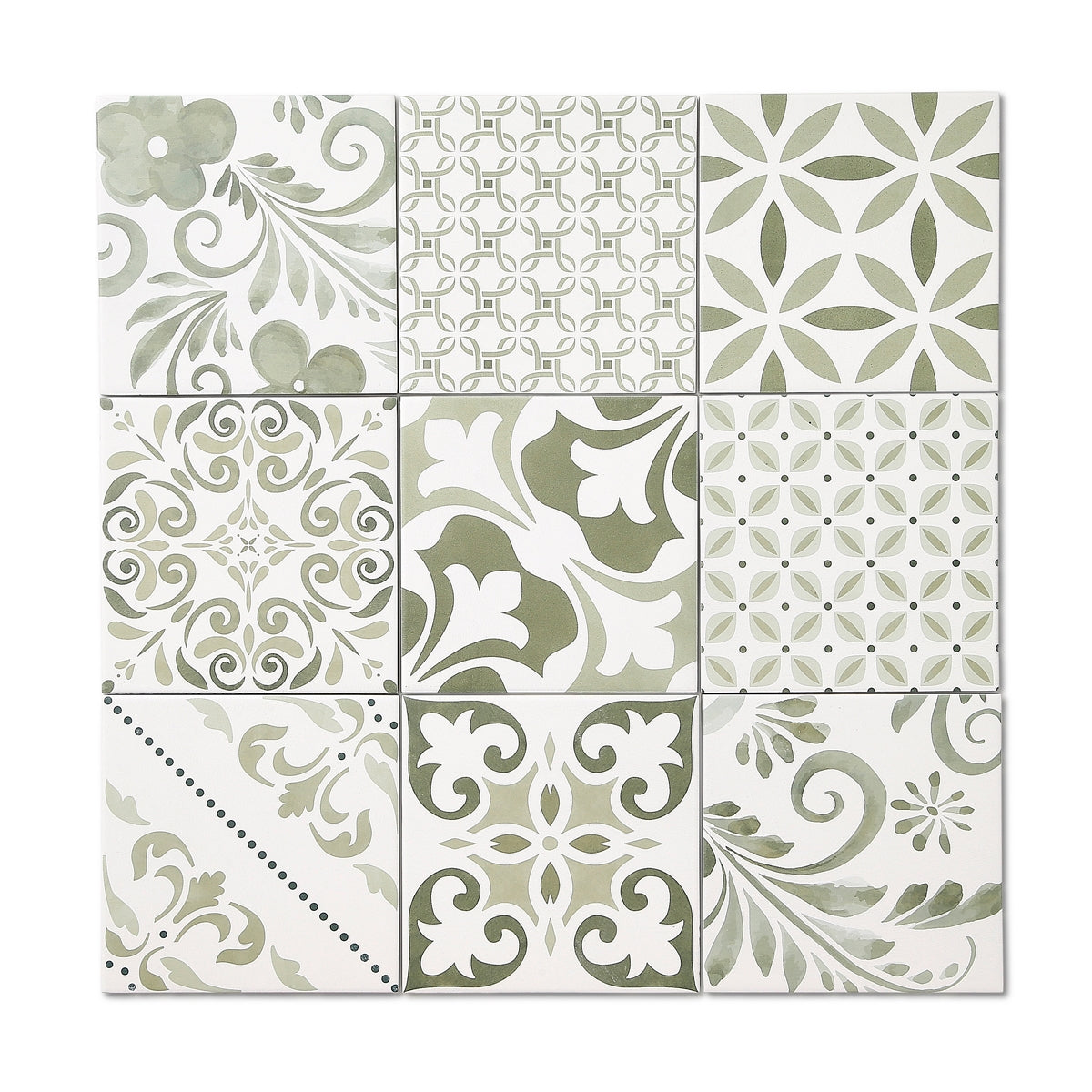 Artiste Verde Mix - Green Patterned Floor Tiles for Kitchens, Bathrooms & Fireplaces -15 x 15 cm