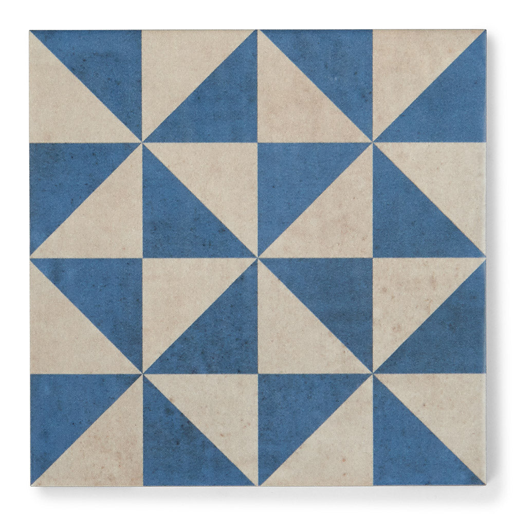 Medina Blue Triangles - Geometric Patterned Tiles for Kitchen, Hallway & Bathroom Floors - 22.5 x 22.5 cm, Porcelain