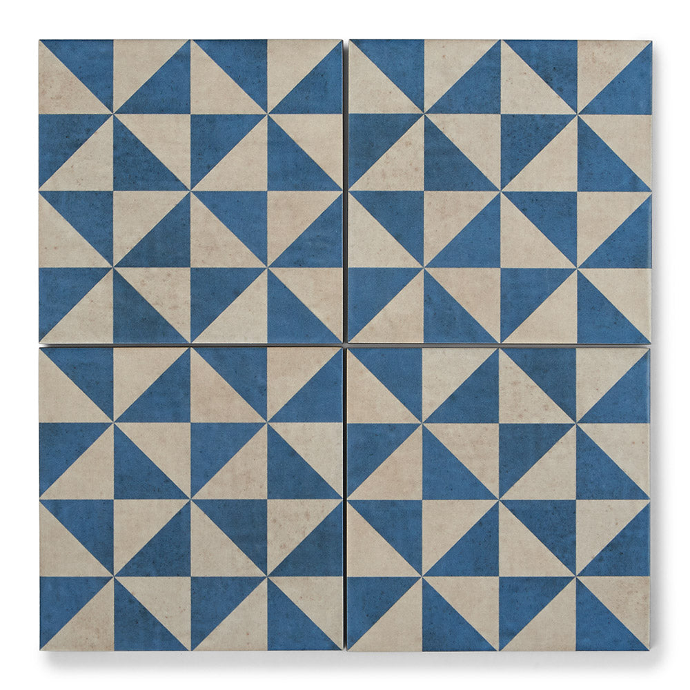 Medina Blue Triangles - Geometric Patterned Tiles for Kitchen, Hallway & Bathroom Floors - 22.5 x 22.5 cm, Porcelain