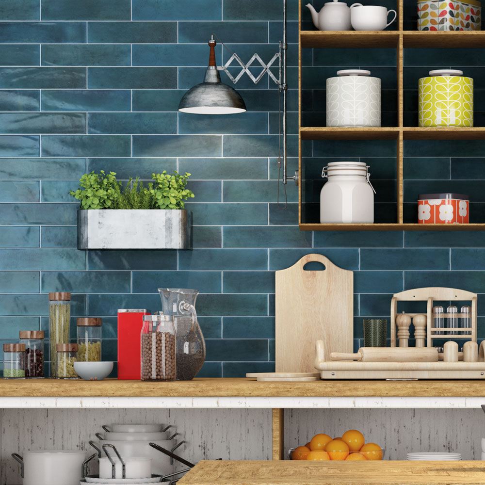 Opal Marine - Modern Gloss Blue Walll Tiles for Kitchen Splashbacks & Bathrooms - 7.5 x 30 cm - Ceramic