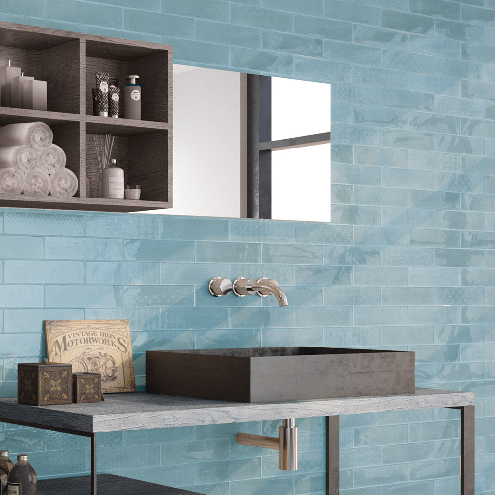 Opal Sky - Modern Gloss Blue Walll Tiles for Kitchen Splashbacks & Bathrooms - 7.5 x 30 cm - Ceramic