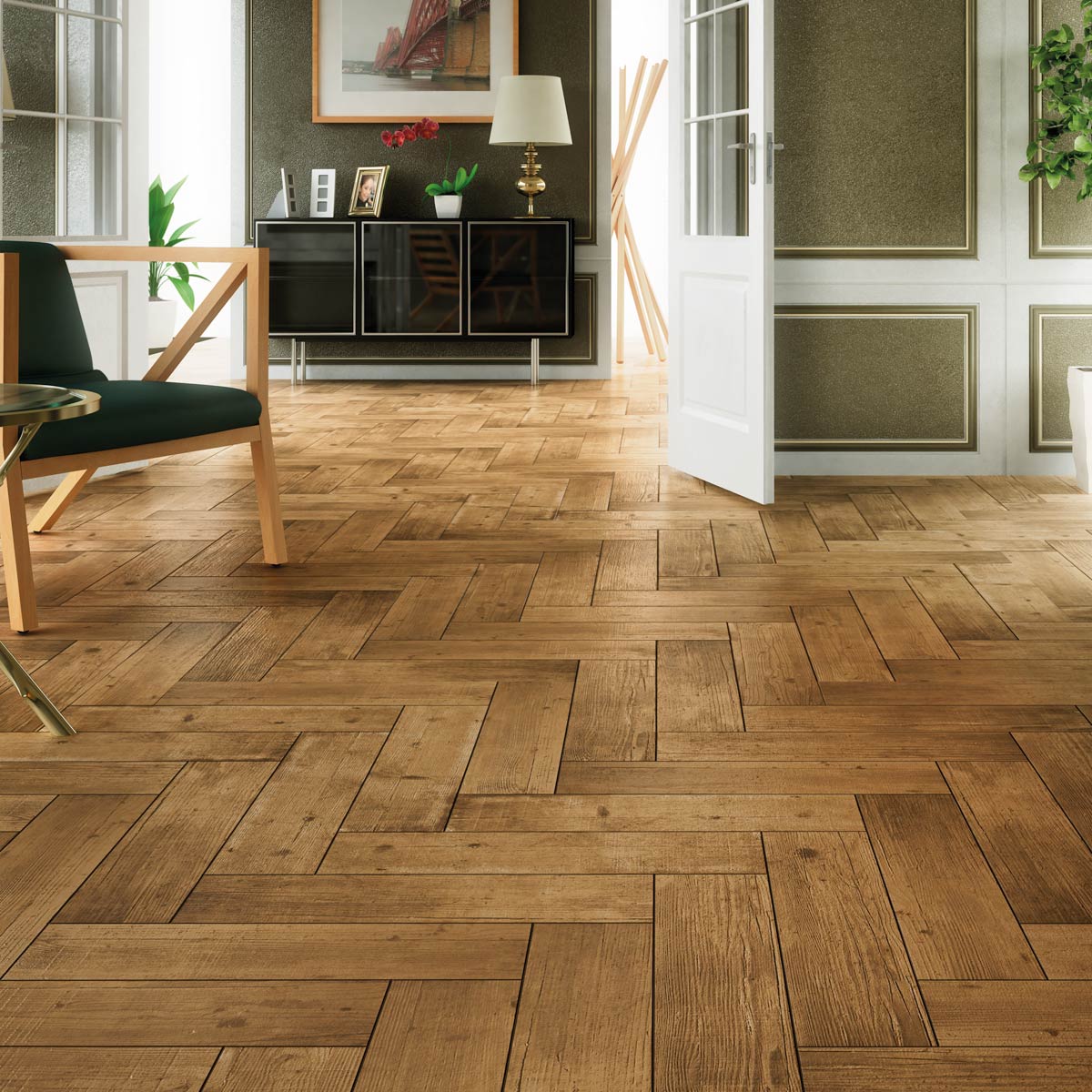 Arteak Castano - Herringbone, Wood Effect Floor Tiles - 15 x 60 cm for Bathrooms, Kitchens & Hallways, Oak