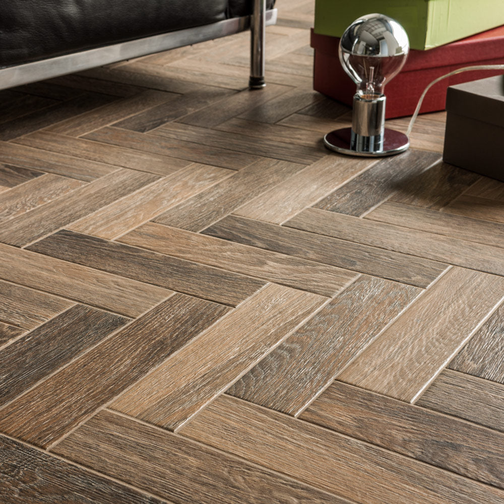 Herringbone Brown - Dark Oak Wood Effect Floor Tiles - 7 x 28 cm for Bathrooms, Kitchens & Hallways, Porcelain, Parquet Style