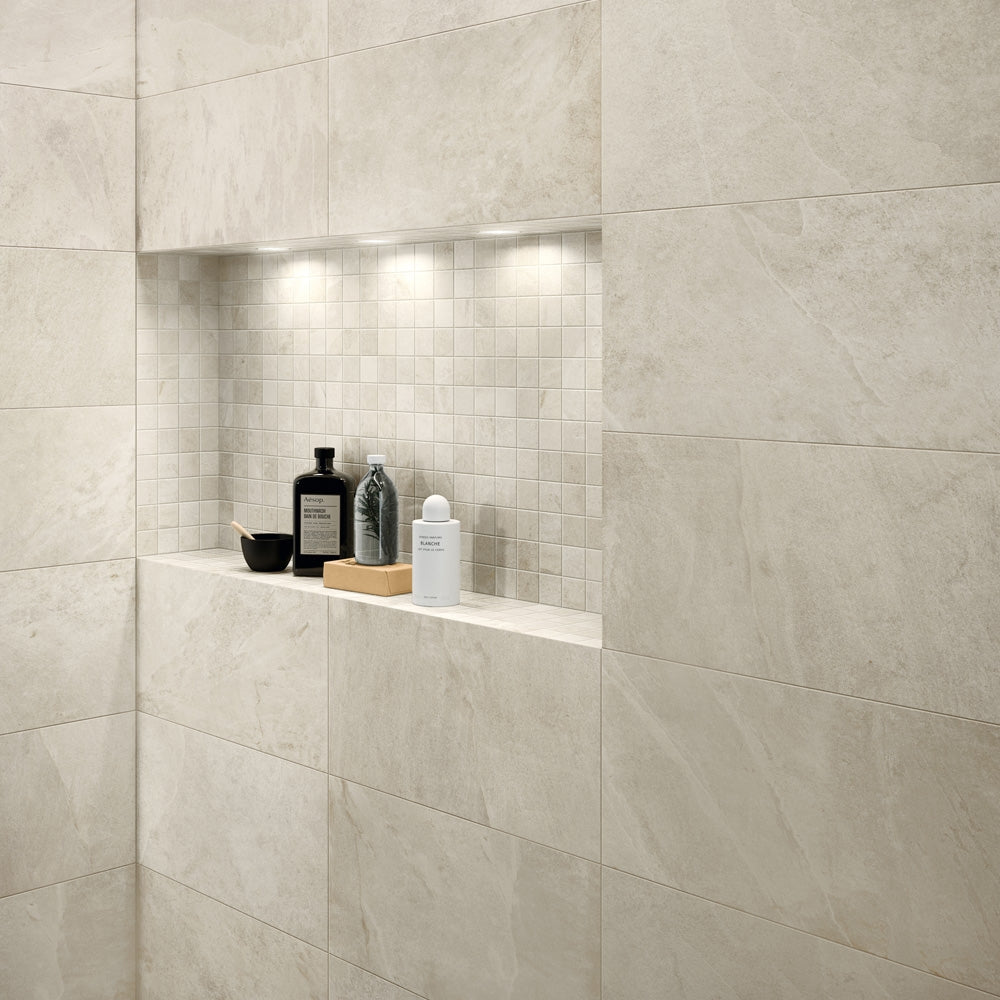 Midlake White 30 x 60 cm - Slate Effect Porcelain Wall & Floor Tiles for Bathrooms & Kitchens -  Riven Texture