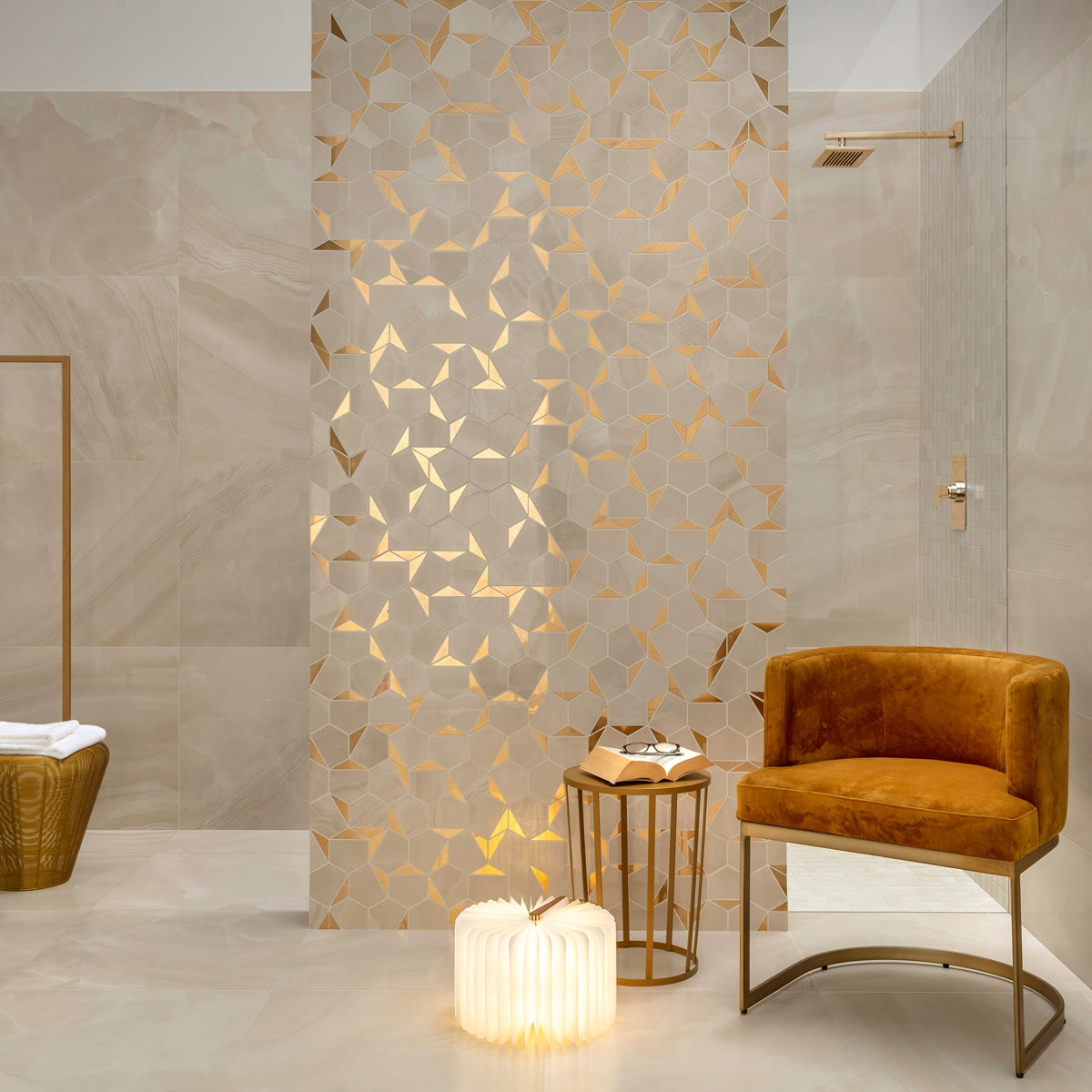 Onice Beige Mosaics - Luxury Gold Hexagon Tiles for Bathroom & Kitchen Feature Walls, Porcelain