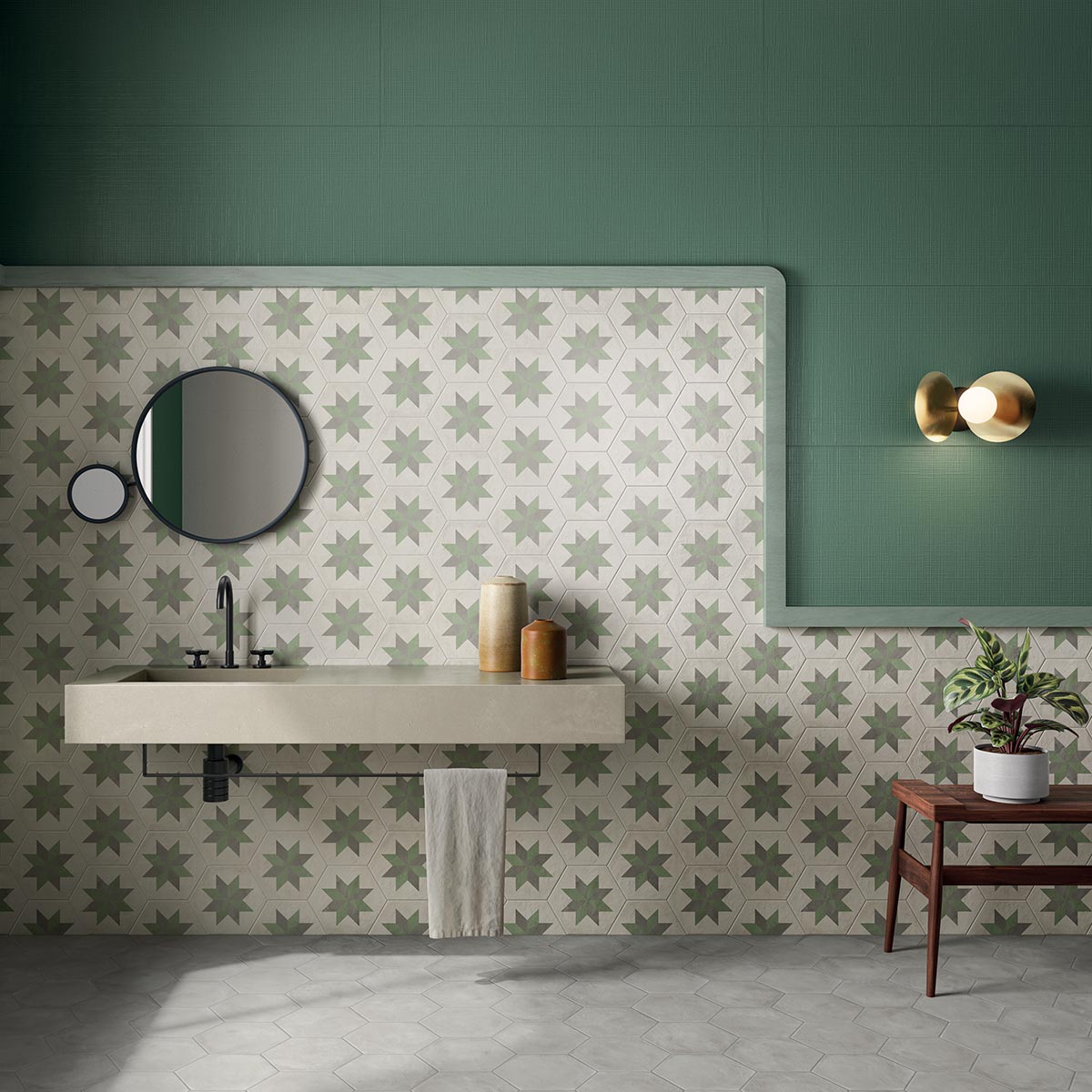 Orson Star - Modern Green Heaxgon Floor Tiles for Kitchens and Bathroom Feature Walls - 21.6 x 25 cm - Porcelain