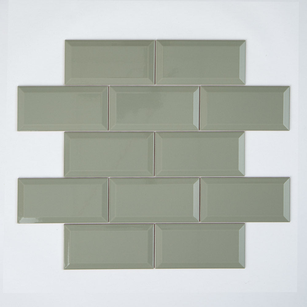 Metro Sage Gloss - Bevelled Green 10 x 20 cm Wall TIles for Bathrooms, Kitchens & Splashbacks, Ceramic