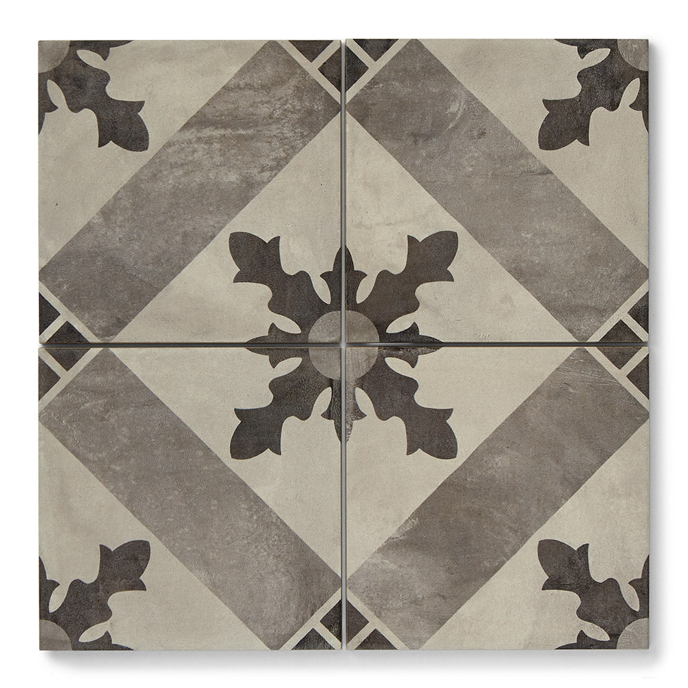 Cotto Carta - Geometric Encaustic Grey Tiles for Kitchens, Bathrooms & Hallways - 20 x 20 cm - Matt Porcelain