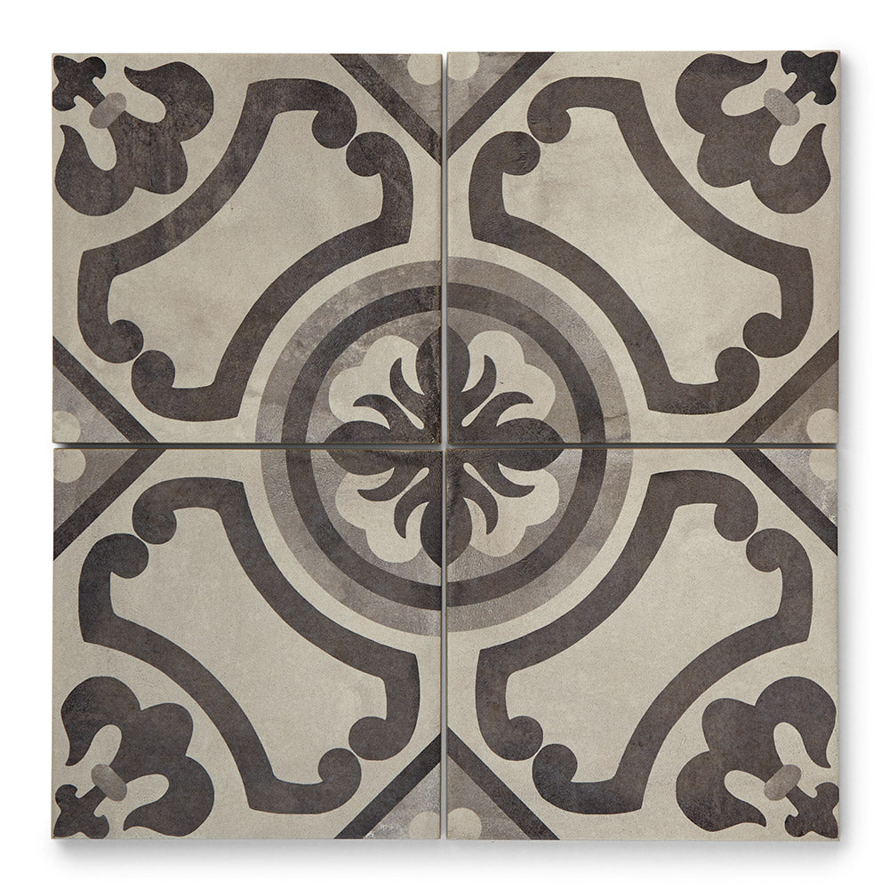 Cotto Fiore - Geometric Encaustic Grey Tiles for Kitchens, Bathrooms & Hallways - 20 x 20 cm - Matt Porcelain